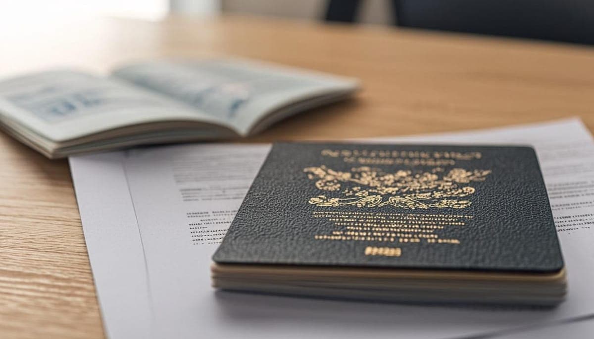 Namibian passport and immigration documents on a desk